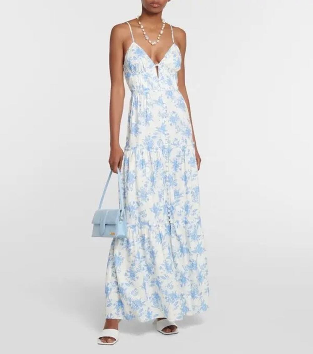 LoveShackFancy Blue White Floral Button Front Garnita Linen-Blend Maxi Dress 4